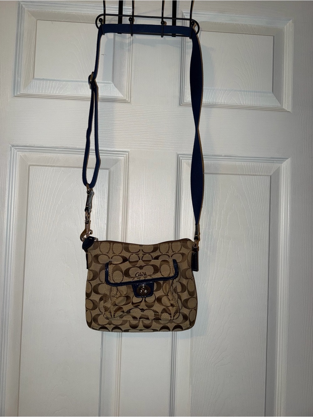 Coach Khaki Signature Canvas Crossbody with Navy Trim